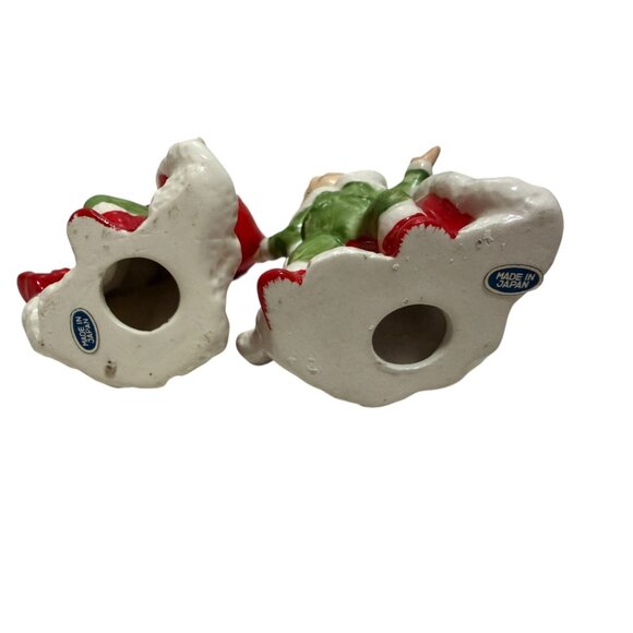 Christmas Pixie Girl Elf Cape Red Green Porcelain Holiday Vtg Figurines Japan - Picture 6 of 7